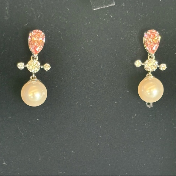Authentic Swarovski Perfection Pierced Clear & Pink Crystal, Pearl Drop Earrings - Picture 3 of 14